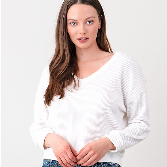 White Ribbed Lace Up Sweater - Picture 3 of 5